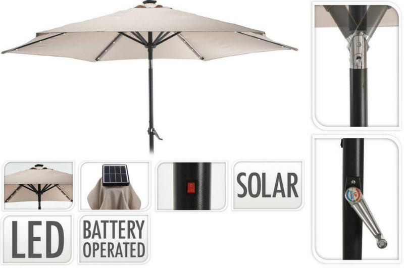 Sonnenschirm DM: 270 H: 248 cm mit Led und Solarbetrieb Taupe