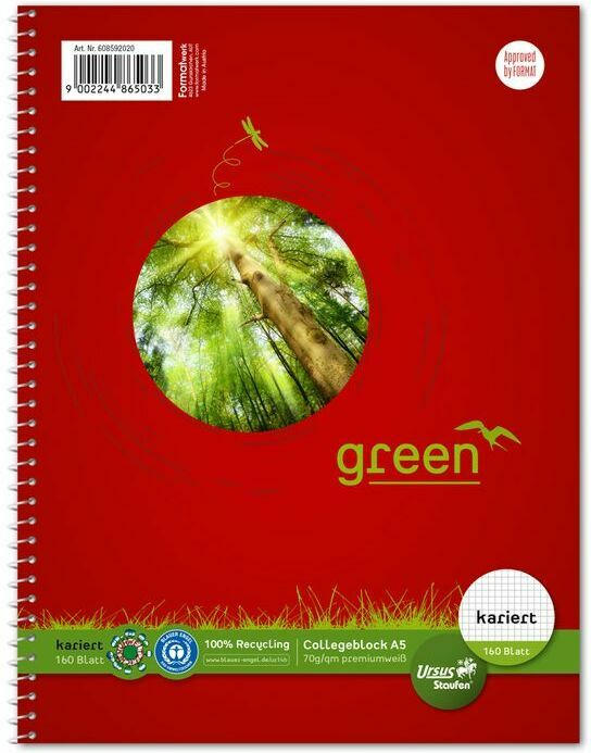 URSUS GREEN Collegeblock A5 160Blatt kariert