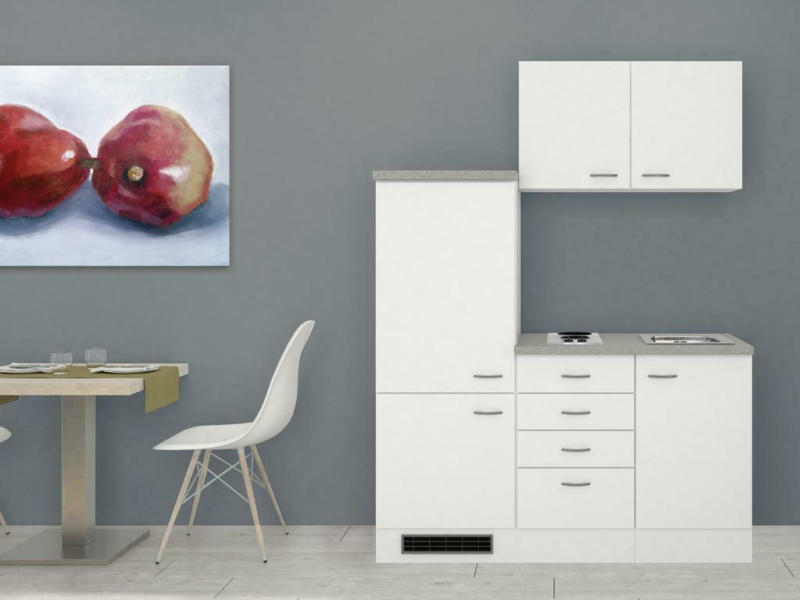 Miniküche mit Kühlschrank + Kochfeld 160cm Weiß/Grau Dekor
