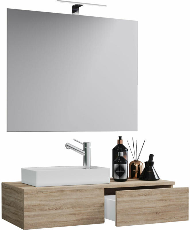Gäste Waschplatz „Gudas“, 3-teilig, mit Spiegel, Sonoma-Eiche beige, braun