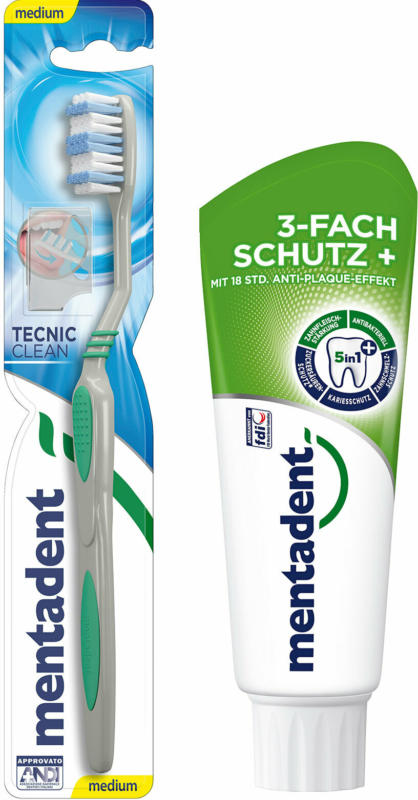 Mentadent Zahnbürste Tecnic Clean oder Zahncreme Basis