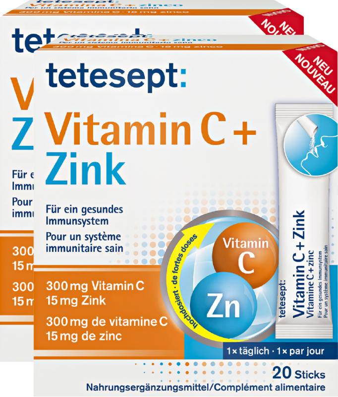 Complément alimentaire Vitamine C + Zinc tetesept, 2 x 20 sticks