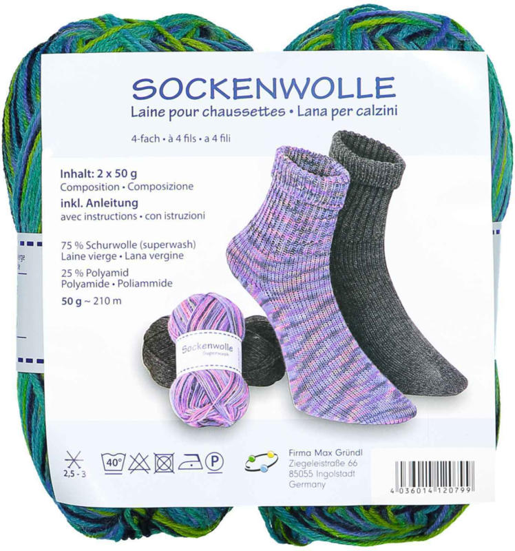 Gründl Laine pour chaussettes bleu/vert 2 x 50 g -