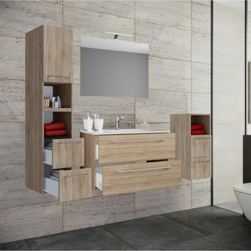 Waschplatz, 60 cm, 5-teiliges Set, 2 Schubfächer, mit Spiegel, Sonoma-Eiche beige, braun