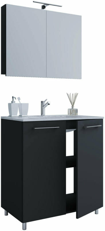 Stand-Waschplatz, 80 cm, 3-teilig, 2 Türen, mit Spiegelschrank, schwarz schwarz