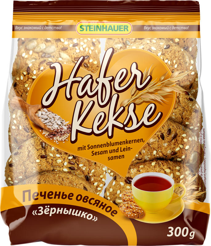 Haferkekse mit Sonnenblumenkernen (4%), Sesam (2,5%) und Leinsamen (2,5%)