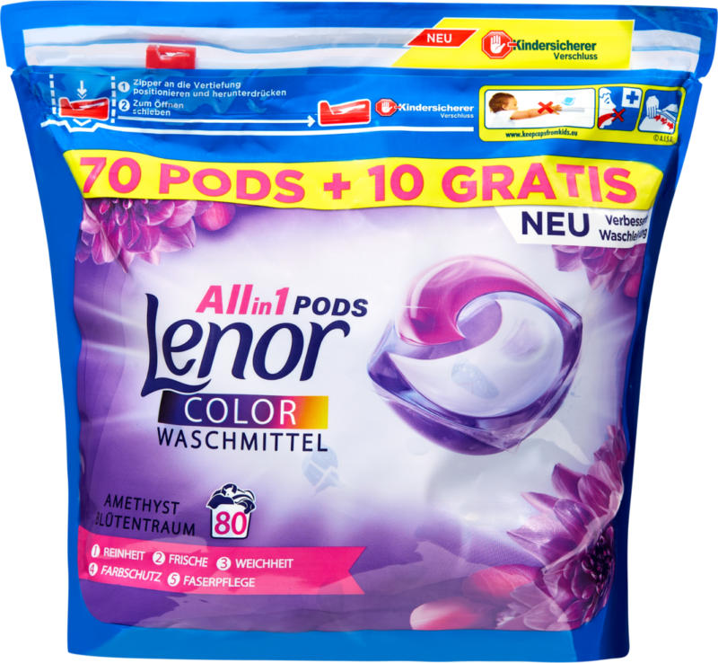 Detersivo All in 1 Pods Color Amethyst & Floral Bouquet Lenor, 70 pods + 10 gratis, 80 cicli di lavaggio