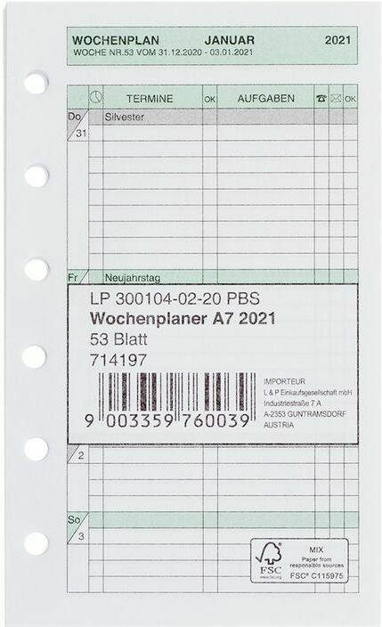 Einlagen für Wochenplaner DIN A7 weiß 2021