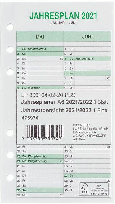 Einlagen für Jahresplaner A6 2021