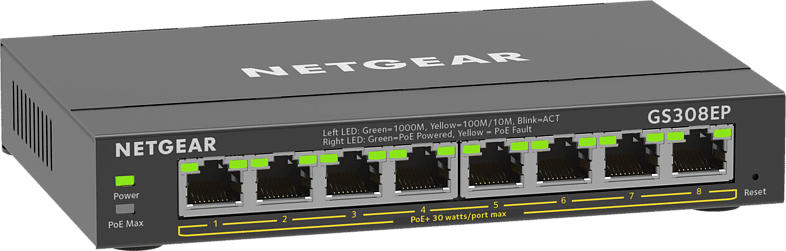 Netgear SOHO GS300 Desktop Gigabit Smart Switch, 8x RJ-45, 62W PoE+, Schwarz (GS308EP-100)
