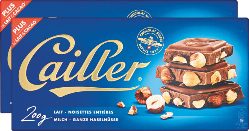 Tablette de chocolat au lait Cailler, avec des noisettes entières, 2 x 200 g