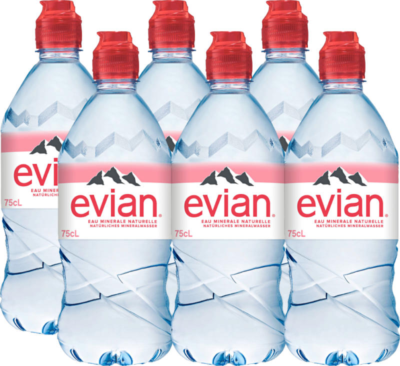 Evian Mineralwasser mit Sportscap, ohne Kohlensäure, 6 x 75 cl