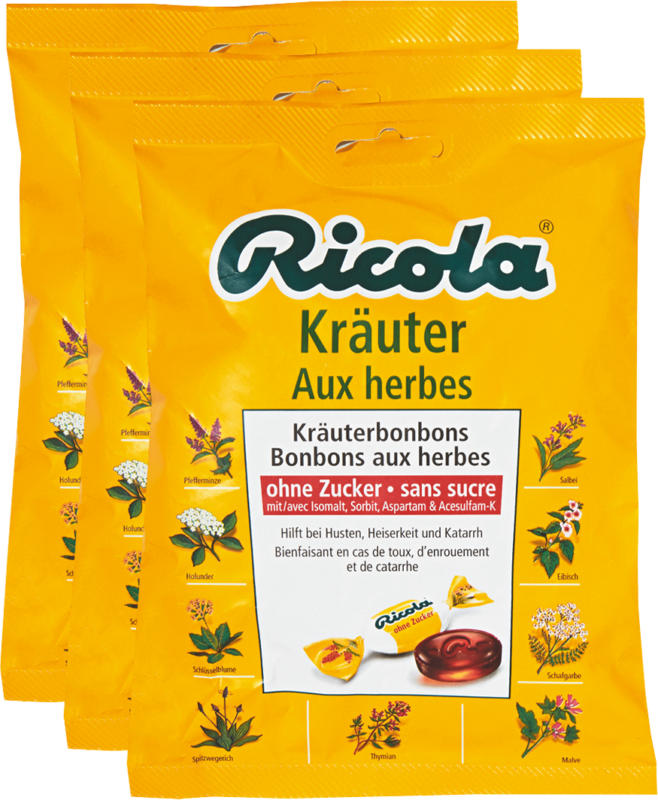 Ricola Kräuterbonbons, Original, ohne Zucker, 3 x 125 g