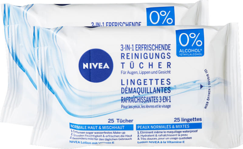 Salviettine detergenti 3 in 1 Nivea, 2 x 25 lingettes