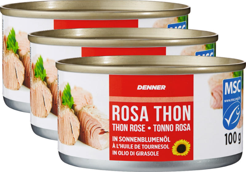 Tonno rosa Denner, in olio di girasole, 3 x 100 g