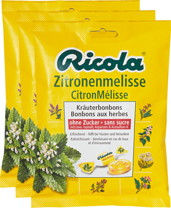 Caramelle alle erbe Ricola, Melissa Limoncella, senza zucchero, 3 x 125 g