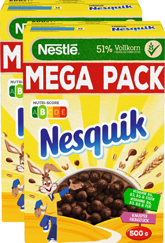 Céréales Nestlé, Nesquik, petit-déjeuner croustillant, 2 x 500 g