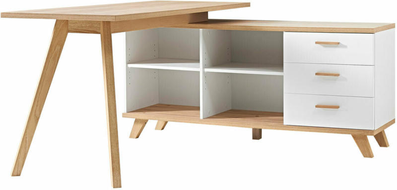 Schreibtisch „Helsinki“, skandinavisches Design, mit integriertem Sideboard, 144x75x145 cm, weiß/Sanremo-Eiche-Nachbildung