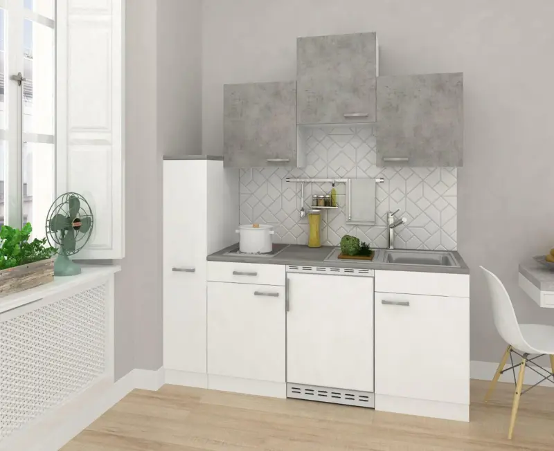 Küchenblock in Weiss/Beton mit Kochmulde 'Economy'