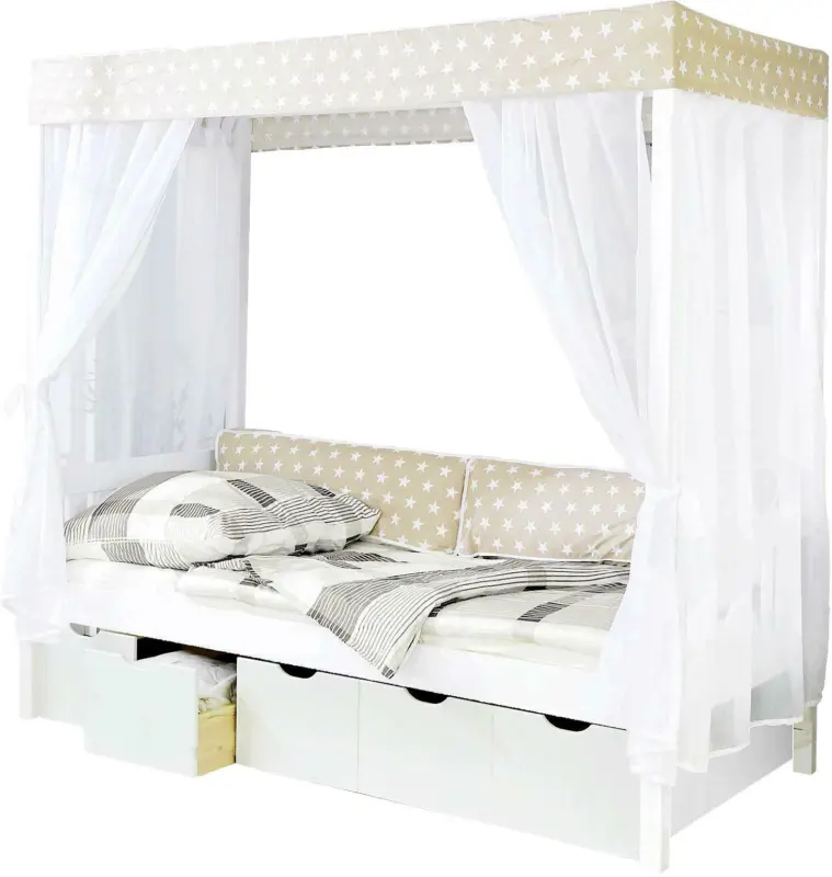 Himmelbett 'Lino', aus Kiefer, weiß/beige