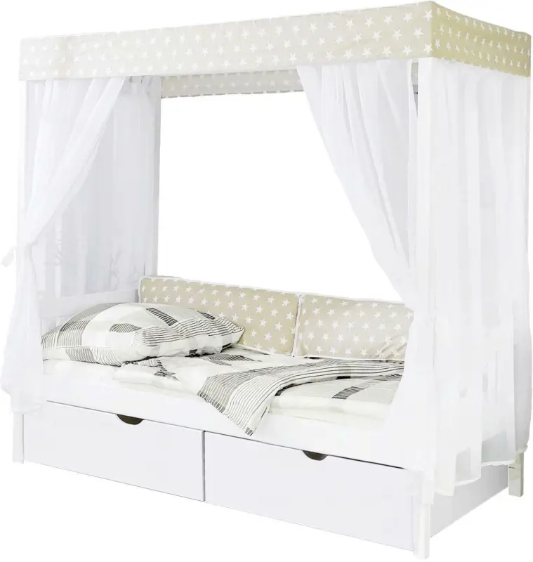 Himmelbett 'Lino', aus Kiefer, weiß/beige