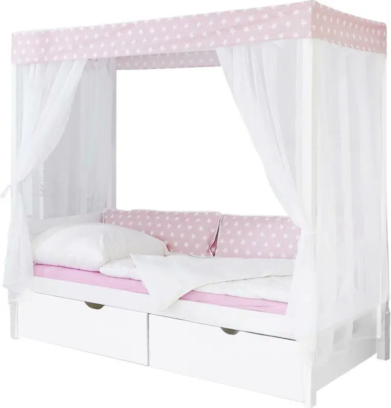 Himmelbett 'Lino', aus Kiefer, rosa/weiß