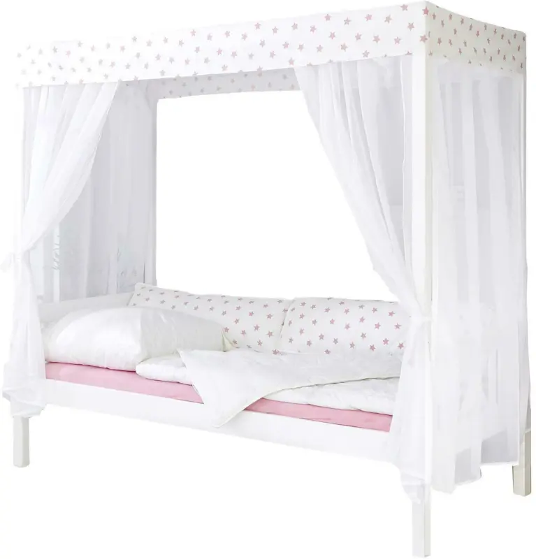 Himmelbett 'Lino', aus Kiefer, weiß/hellrosa