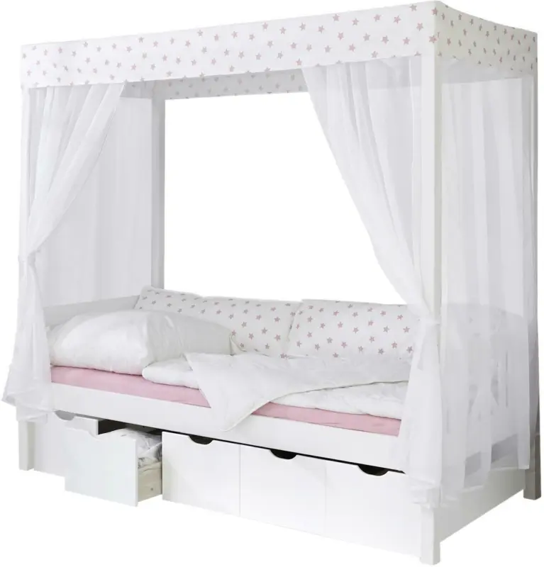 Himmelbett 'Lino', aus Kiefer, weiß/hellrosa