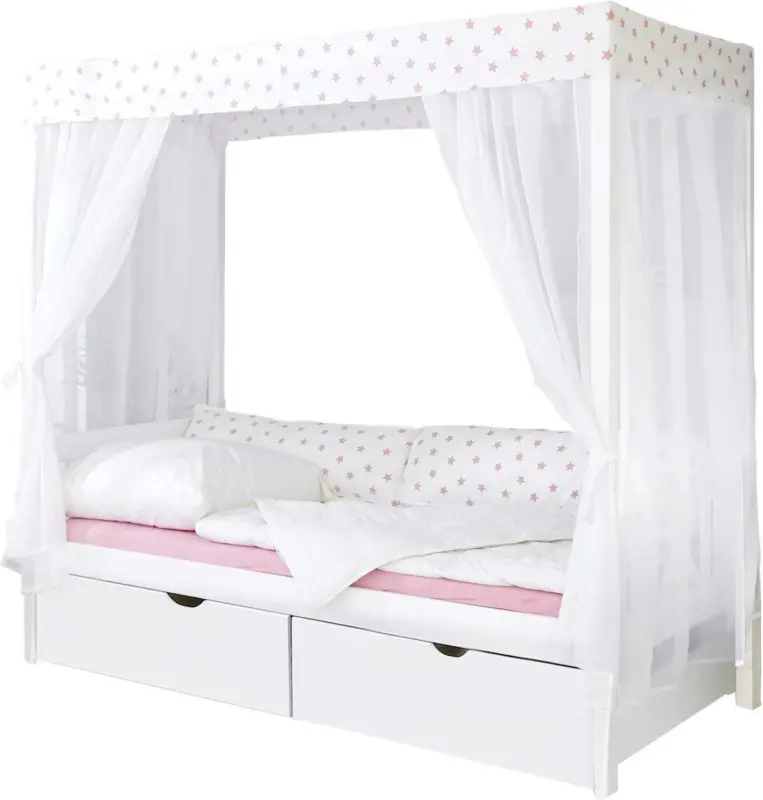 Himmelbett 'Lino', aus Kiefer, weiß/hellrosa