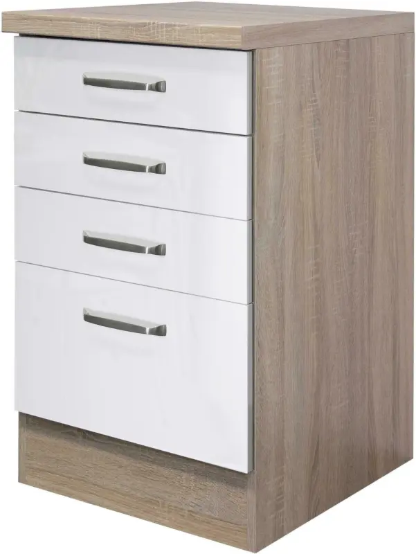 Schubkastenunterschrank Weiß Hochglanz/Eiche