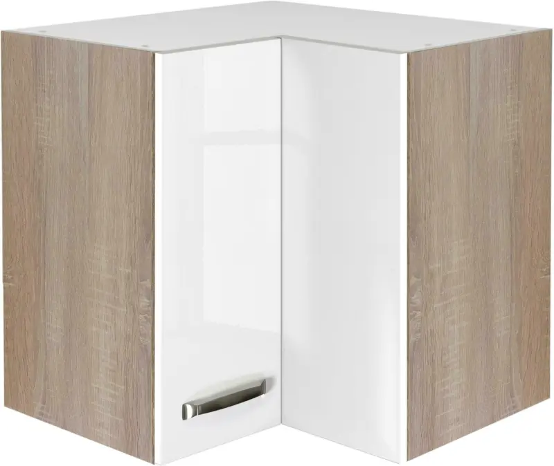 Eckoberschrank Weiß Hochglanz/Eiche