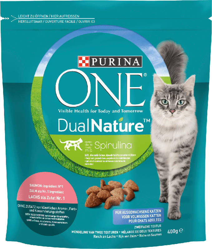 PURINA ONE Trockenfutter für Katzen, Dual Nature mit Spirulina für ausgewachsene Katzen reich an Lachs