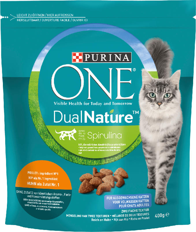 PURINA ONE Trockenfutter für Katzen, Dual Nature mit Spirulina für ausgewachsene Katzen reich an Huhn