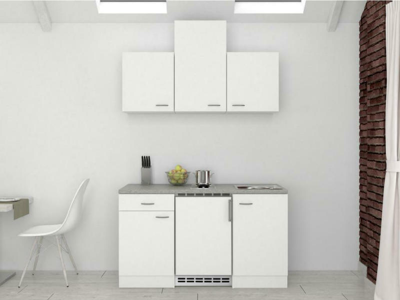 Miniküche mit Kühlschrank + Kochfeld 150cm Weiß/Grau Dekor