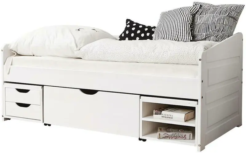 Stauraumbett 'Micki', aus Kiefer, weiß
